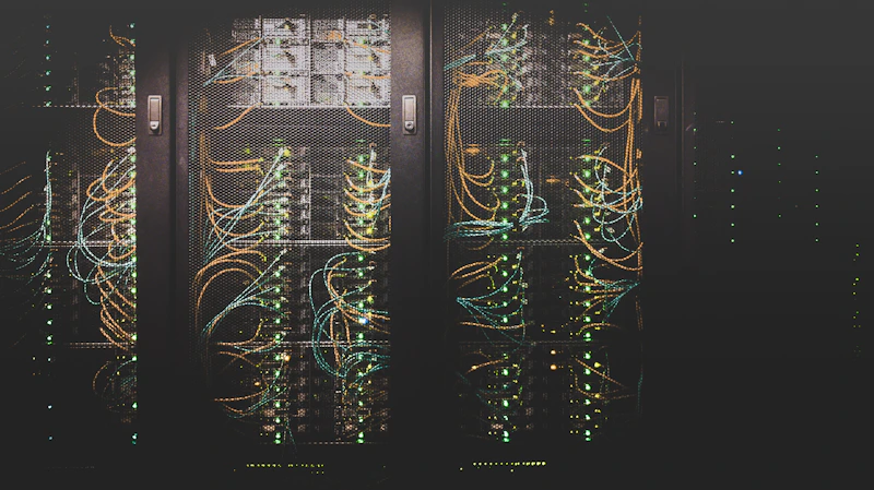 Corredor de um data center com cabos de rede organizados